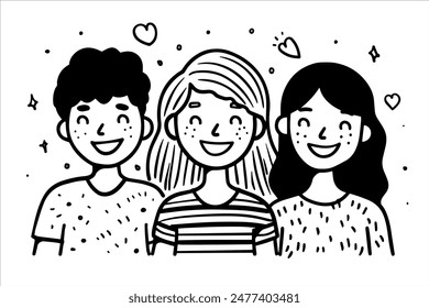 Tres amigos sonrientes, con corazones decorativos y estrellas