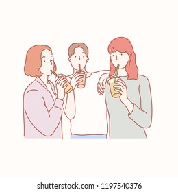 Three friends stand intimately and drink together. hand drawn style vector design illustrations.