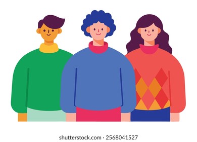 Three Friends Standing in Colorful Sweaters - Vector Illustration

.A vibrant vector illustration of three friends standing together, wearing colorful sweaters.