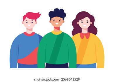Three Friends Standing in Colorful Sweaters - Vector Illustration

.A vibrant vector illustration of three friends standing together, wearing colorful sweaters.