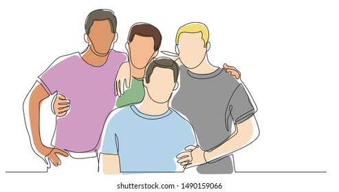 three friends standing posing together - one line drawing