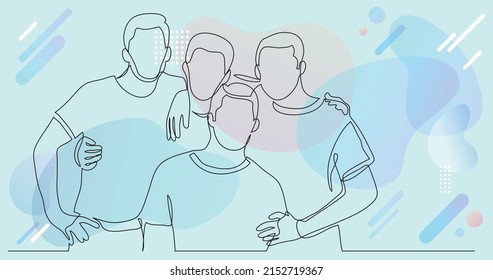 three friends standing posing together - one line drawing