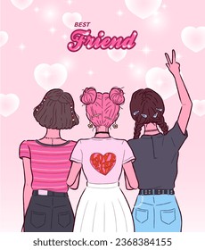 Tres amigos. Chica elegante y fresca. El concepto de amistad. Tarjeta del día de la hermana, jóvenes bellas mujeres. Estética de los 90, de los 00. Vista trasera. Estilo de doodle dibujado a mano. Ilustración vectorial de línea de diseño plana.