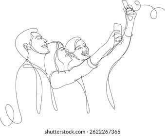Three friends take a selfie. Continuous line vector illustration, white background.