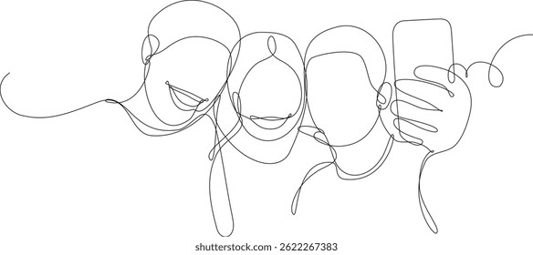 Tres amigos se toman una selfie. Ilustración vectorial de línea continua, fondo blanco.