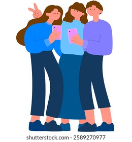 three friends taking a selfie together, fun social moment flat vector illustration