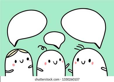 Three friends talking illustration with cute marshmallow and speech bubbles cartoon minimalism