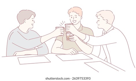 Three friends toast joyfully, celebrating their deep bond at a lively gathering filled with laughter