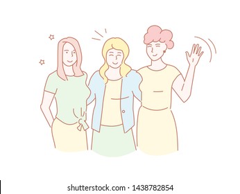 Three friends Vector. Line art Isolated art on white background. Flat