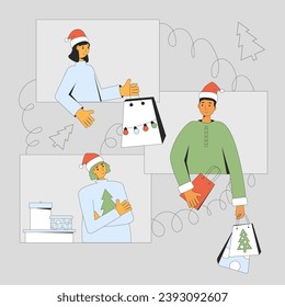 Drei Freunde Videokonferenzen zum Austausch von Urlaubsgeschenken. Weihnachten online. Feiern Sie Weihnachten aus der Ferne. Virtuelles Ereignis. Vektorgrafik