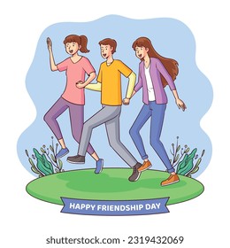 
Three friends walking hand in hand. they look happy.