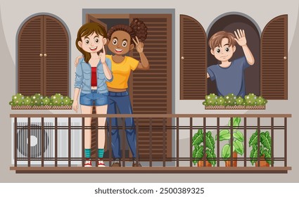 Three friends waving from a balcony