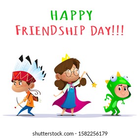 Three friends weared different costume playing. Chidrens day concept illustration