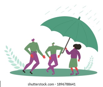 Three friends wearing in casual clothes standing together under an umbrella. Male and female persons protection from rain. Vector color flat illustration.