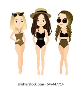 Three friends. Young pretty girls. Vector characters. Fashion, style and beauty. Swimwear. Summer holiday, vacation.