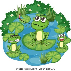 Three frogs sitting on lily pads