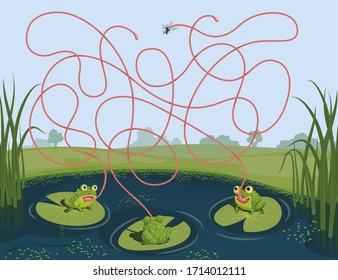 Three frogs tried to catch a mosquito. Guess which of them managed to catch the insect. Children's game picture riddle with a maze
