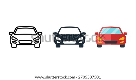 Three front,facing car icons: a sketch, a black silhouette, and a red car with headlights on, representing different styles of automotive representation.