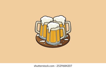 Three frothy beer mugs on a wooden tray, overflowing foam