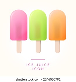 Three frozen juice at sticks. Ice cream frozen juice on stick. Vector illustration. Vector image in the glassmorphism style.