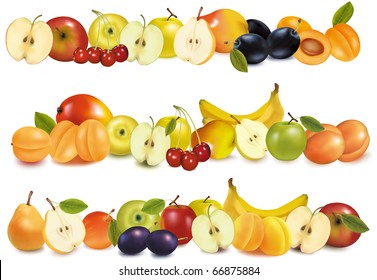 Three Fruit Design Borders Isolated On White. Vector.