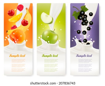 Three fruit and milk banners. Vector. 