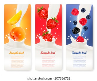 Three fruit and milk banners. Vector. 