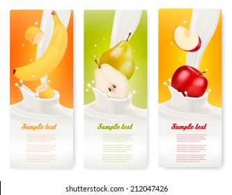 Three fruit and milk banners. Vector. 