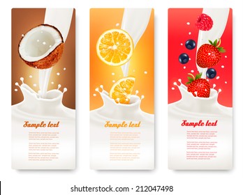 Three fruit and milk banners. Vector. 