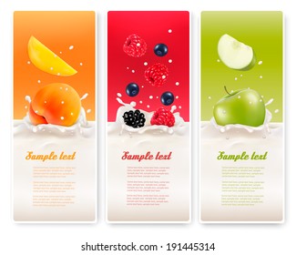 Three fruit and milk labels. Vector.