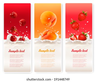 Three fruit and milk labels. Vector.