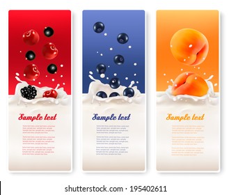 Three fruit and milk labels. Vector. 