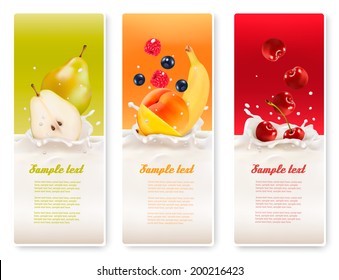 Three fruit and milk labels. Vector. 