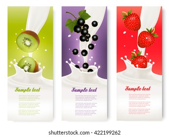 Three fruit and milk labels. Vector.