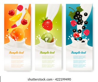 Three fruit and milk labels. Vector.