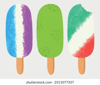 Three fruit popsicles lemon creamsicle frozen ice lolly. Variety of unique watercolor popsicles ice cream desserts set isolated on white. Tasty colorful striped sundae, gelato in mixed rainbow colors