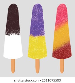 Three fruit popsicles orange creamsicle frozen ice lolly. Variety of unique watercolor popsicles ice cream desserts set isolated on white. Tasty colorful striped sundae, gelato in mixed rainbow colors