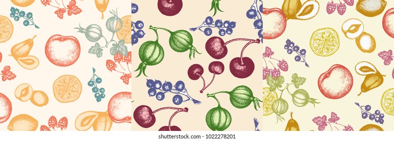 Three fruits seamless pattern apricot cherry pear apples black currant gooseberries raspberries hand drawn vector 