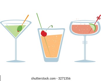 Three fruity fizzy drinks. Fully editable vector illustration.