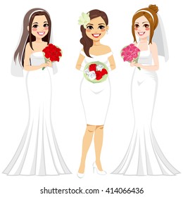 Three full body women character wearing different bride dress collection style with roses bouquet