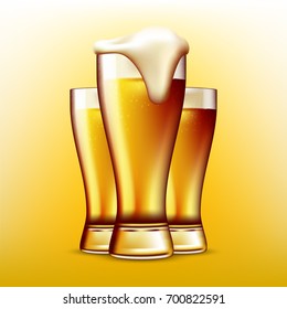 Three full glasses of fresh beer. High quality vector illustration of frothy lager beer with foam and barley ears. Ready for your design.