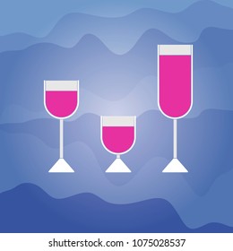 Three full wine glasses: shot glass, wine glass, champagne glass. Modern flat design on a blue background. Vector illustration. Suitable for restaurants, cafes, bars, menu, etc