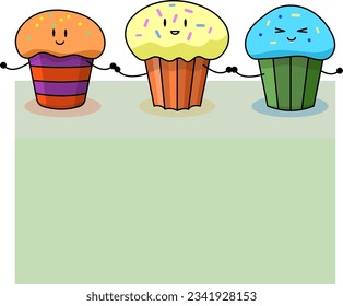 Three fun colorful cupcakes. Menu for children. Cafe. Sweet pastry. Kitchen for children. Stickers.