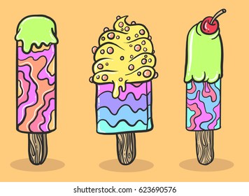 Three Fun Colorful Hand Drawn Popsicles on Orange Background