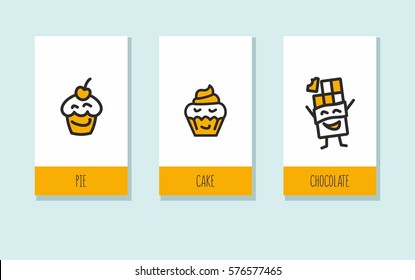 Three fun dessert on a white background. Pie, cupcake and chocolate with different emotions and character