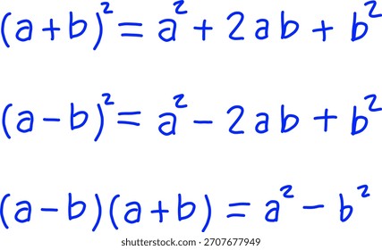 Tres identidades algebraicas fundamentales: cuadrados binomiales y diferencia de cuadrados. Fórmulas matemáticas esenciales para la expansión y el factoraje.