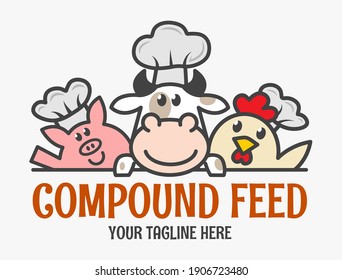 Three Funny Animal Chefs. Compound Feed Logo. Chicken, Cow And Pig Icon. 