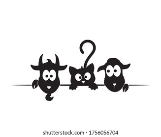 Three funny animals silhouettes, funny illustration, vector, cartoon, children wall decals, kids wall artwork isolated on white background, minimalist poster design