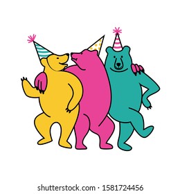  
Three funny bears in Birthday caps. Birthday party and celebrarion concept. Vector illustration.
