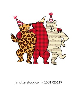  
Three funny bears in Birthday caps. Birthday party and celebrarion concept. Vector illustration.